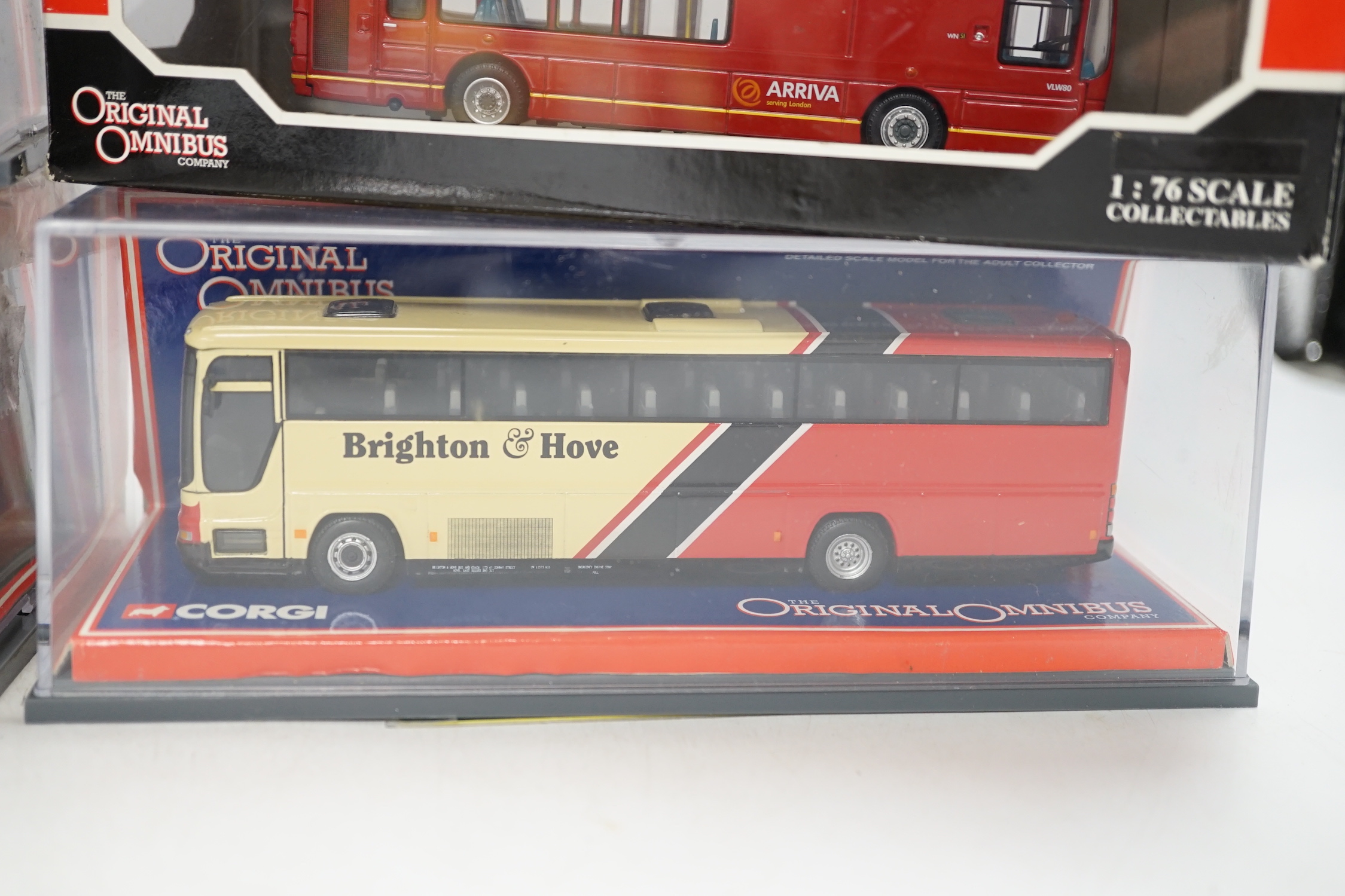 Thirty boxed 1:76 scale buses and coaches by Corgi OOC, Creative Master and Britbus, operators include Brighton & Hove, London Transport, Maidstone & District, East Kent, etc.